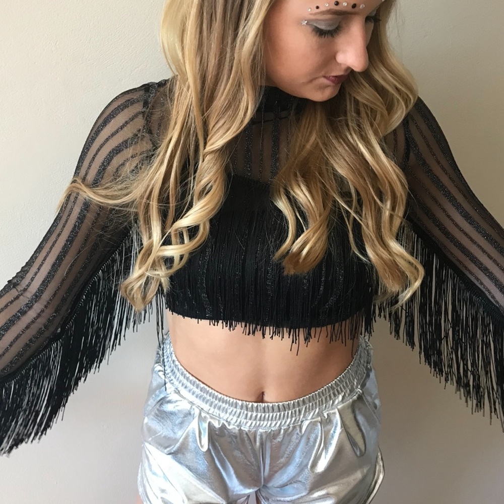 Long sleeve sparkle mesh fringe crop top